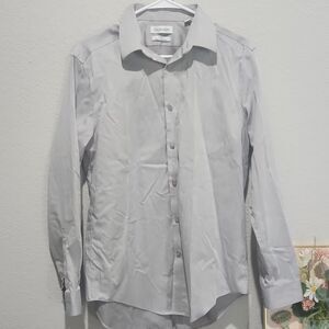 Calvin Klein Steel+ Slim Fit Dress Shirt Gray Herringbone Mens M Button Up